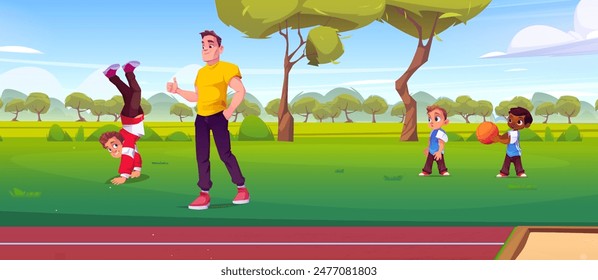 Father with athlete son in park cartoon scenery. Parent thumb up kid near racetrack and tree landscape. Summer kids walk illustration with green lawn, bush, forest and outdoor central treadmill.