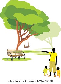Father with babies in park. Vector