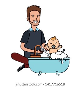 father with baby bathing in the bathtub