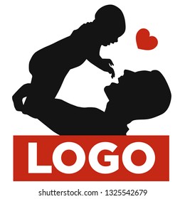 Father and baby. Black silhouette of a dad and a newborn baby on a white background. Red logo. Vector illustration.