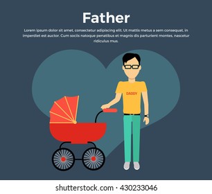 Father with a baby carriage banner design flat. Daddy young happy with toddler, male and fatherhood, love and happiness, vector illustration