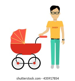Father with a baby carriage banner design flat. Parent father walking with baby in the baby carriage. Daddy young happy with toddler, male and fatherhood, love and happiness, vector illustration