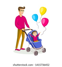 father with a baby carriage colored vector modern flat design illustration, composition of cartoon characters. Happy
