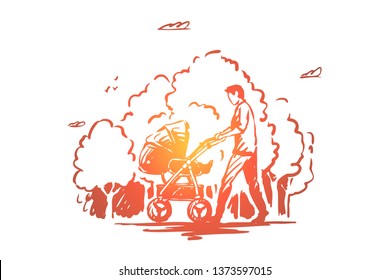 Father with baby carriage on stroll in park, dad and child daily walk outdoors, young man holding pram. Paternity, fatherhood routine, parenting concept sketch. Hand drawn vector illustration