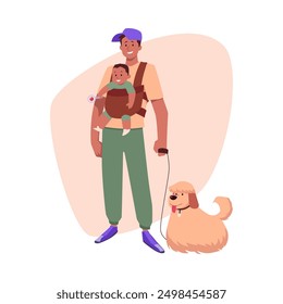 Father with baby carrier and dog. Vector illustration of a man holding his child in a baby carrier while walking a fluffy dog. Casual family outing concept