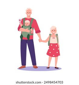 Father with baby in carrier and older daughter in vector format, demonstrating safe and easy family mobility. Full length character illustrations in flat style on isolated background.