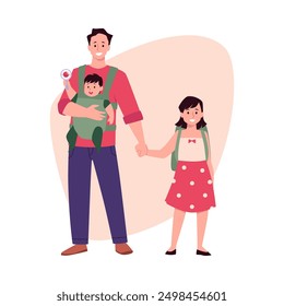 Father with a baby in a carrier and a young daughter holding hands. Vector illustration of a family outing, with the dad smiling and the daughter wearing a polka dot skirt and backpack