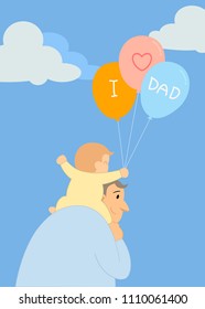 Father and baby with colorful balloon for father's day greeting card illustration with cloud and blue sky blank space