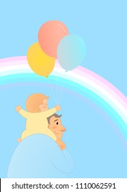 Father and baby with colorful balloon for father's day greeting card illustration with blank space and rainbow