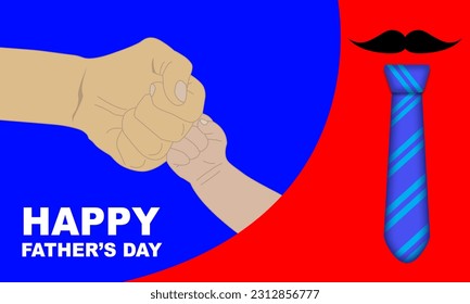 father and baby fist high-fiving or fist bump with mustache and tie icon blue outline and bold text commemorating FATHER'S DAY on June
