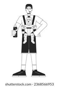 Father with baby flat line black white vector character. Family man. Father with feeding bottle. Editable outline full body person. Simple cartoon isolated spot illustration for web graphic design