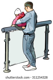 Father with baby girl in her arms at the fence, vector hand drawn style.