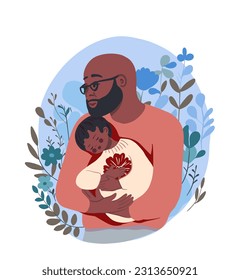 Father and baby in love together. Black man hugging his small child. Vector illustration for Fathers day card. Beautiful modern design with dad, kid, leaves and flowers
