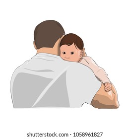 Father and baby, man holding child on his shoulder, vector illustration