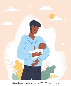 Father and baby. Man holds small child in his arms. Metaphor of parenthood, love, support and care. Greeting postcard for fathers day, international holidays. Cartoon flat vector illustration