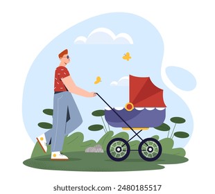 Father with baby. Man walk with stroller with toddler. Young parent in city park. Parenthood and childhood. Guy with kid walk in summer or spring sunny day. Cartoon flat vector illustration