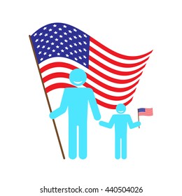 Father with baby on a background of the American flag. Figure man and child with the US flag. Icon to celebrate Flag Day, Independence Day July 4, Father's Day. Vector