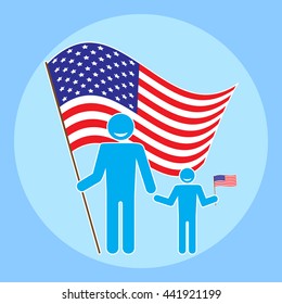 Father with baby on a background of the American flag. Flat style figure man and child with the flag of the United States. Icon to celebrate Flag Day, Independence Day July 4, Father's Day. Vector