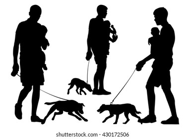 Father with a baby on hands goes for a walk. A man holding a dog on a leash. Silhouette on a white background. 