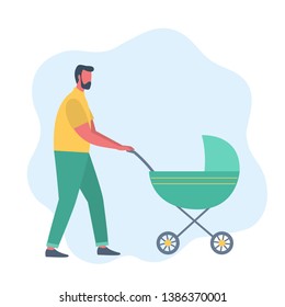 Father with baby on a walk. Young man with a green baby stroller. People icon. Funky flat style. Vector illustration on a blue background