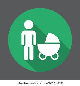Father with baby pram flat icon. Round colorful button, circular vector sign with long shadow effect. Flat style design