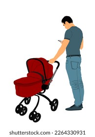 Father with baby in pram vector illustration isolated on white background. Happy family values. Parent with baby in carriage. Fathers day. Man with mobile phone in hand takes care of child.