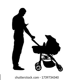 Father with baby in pram vector silhouette isolated on white background. Happy family values. Parent with baby in carriage. Fathers day. Man with mobile phone in hand takes care of child.