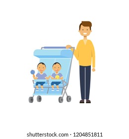 father baby sister brother twins double stroller full length avatar on white background, successful family concept, flat cartoon vector illustration