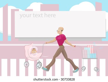 father with baby in a baby stroller