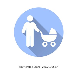 Father and baby stroller icon, vector flat design with long shadow.