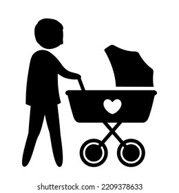 Father And Baby Stroller Vector Pictogram Icon. Man Pushing Pram Isolated Symbol.