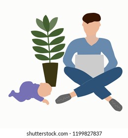 Father with a baby while working on a laptop. Paternity leave