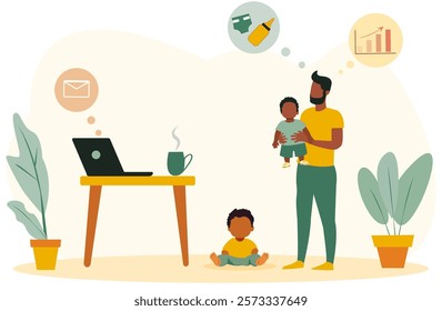 Father balancing remote work and childcare while on maternity leave at home with his children