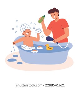 Father bathing a child, toddler having fun in bathroom, playing with foam, dad washing a kid, parenting hand drawn composition, vector illustrations of children’s bath, colored clipart