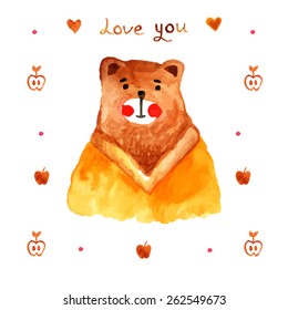 Father Bear with apples and heart. Watercolor vector illustration with cute bear. Warm Background for greeting card. Love you. Happy fathers day. 