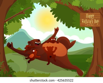 Father Bear with his cute cubs, enjoying and celebrating in the forest on occasion of Father's Day.