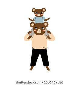 Father Bear and his Kid, Cute Baby Sitting on Fathers Shoulders, Loving Parent Animal and Adorable Child Humanized Characters Vector Illustration