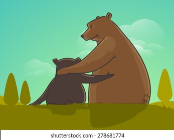 Father bear hugging to his child on nature background for Happy Fathers Day celebrations. 