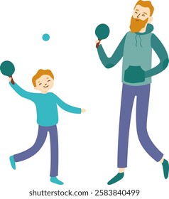 Father with a beard and son joyfully playing table tennis, skillfully holding paddles and hitting the ball, creating cherished memories and bonding during their fun filled time together