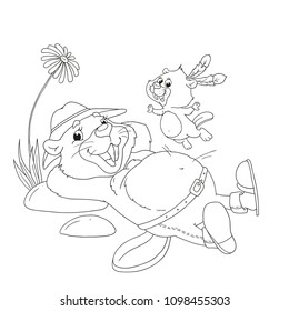 Father beaver with his son. Beaver family vector illustration. Coloring book page. Hand drawing on white background. Cartoon illustration for coloring.
