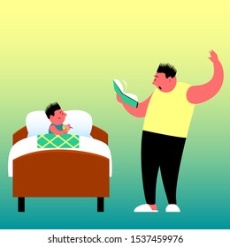 Father before going to bed with enthusiasm reads a book to his son. The child sits in bed with an apple and listens with interest. Asian family. Cartoon funny vector illustration.