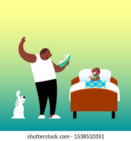 Father before going to bed, with enthusiasm reads a book to his son. The child sits in bed with an apple and listens with interest. African American family. Cartoon funny vector illustration.