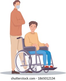 father behind the back of his disabled son in a wheelchair, paralysis, disabled child needs care, concept flat vector illustration