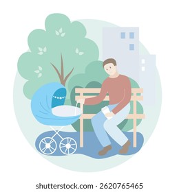 Father with blue baby stroller in the park. Summer season