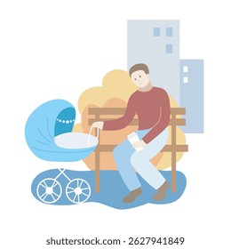 Father with blue baby stroller in the park. Autumn season