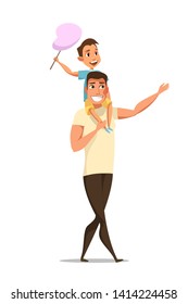 Father bonding with son flat vector illustration. Young dad and boy holding cotton candy cartoon characters. Smiling man carrying child on shoulders. Family on outdoor walk in park. Happy fatherhood
