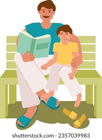 A father with a book sits next to his son on a bench. Dad hugs his happy son and smiles at him. Father's Day. Vector illustration