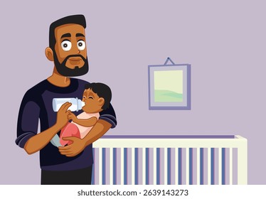 
Father Bottle Feeding his Little Infant Vector Cartoon Illustration. Happy cheerful dad taking care of his little bundle of joy