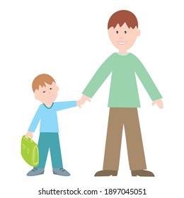 Father and boy with bag. First day in school, vector illustration.
