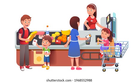 Father with boy child putting groceries on checkout counter desk at supermarket. Mother with girl kid inside shopping cart buying food paying with NFC phone at cash register. Flat vector illustration